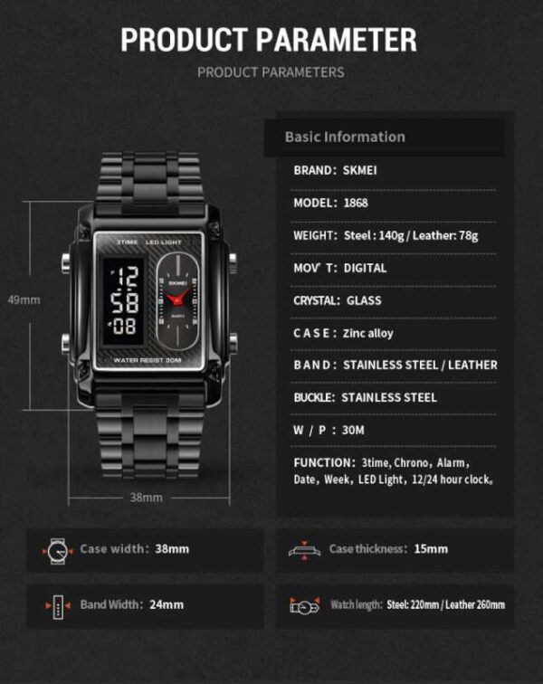 SKMEI 1868 ساعة يد للرجال ساعة توقيت وتاريخ إلكترونية مقاومة للماء - Image 6