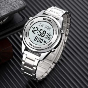 Montres Azan musulmanes pour hommes montre num rique en acier inoxydable boussole Qibla alarme Adhan Hijri e1682800049276