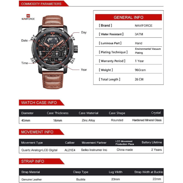 ساعة NAVIFORCE 9160 للرجال كوارتز ثنائية الوقت عرض اليوم الشهر العام  مقاومة للماء, - Image 5