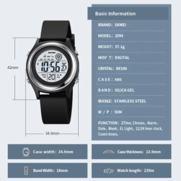 ساعة SKMEI 2094 للشباب: رياضية، مقاومة للماء، مضيئة، تقويم أسبوعي، موضة - Image 2